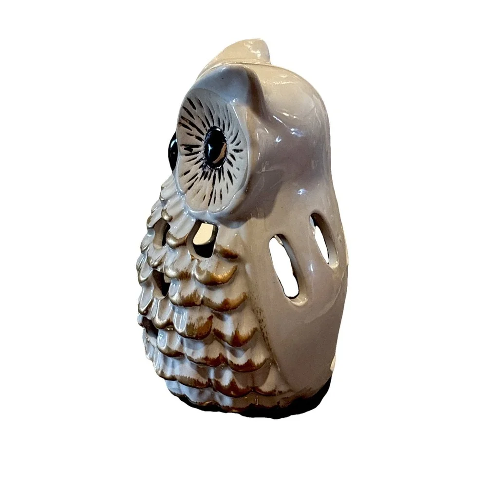 Ceramic Owl Candle Holder White Goldtone 6.75